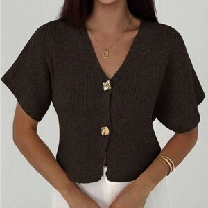SHEIN Brown V-Neck Buttoned Top